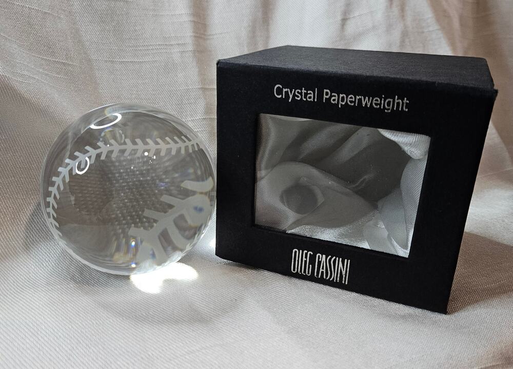 Signed Oleg Cassini Crystal Baseball Paperweight with Protective Box